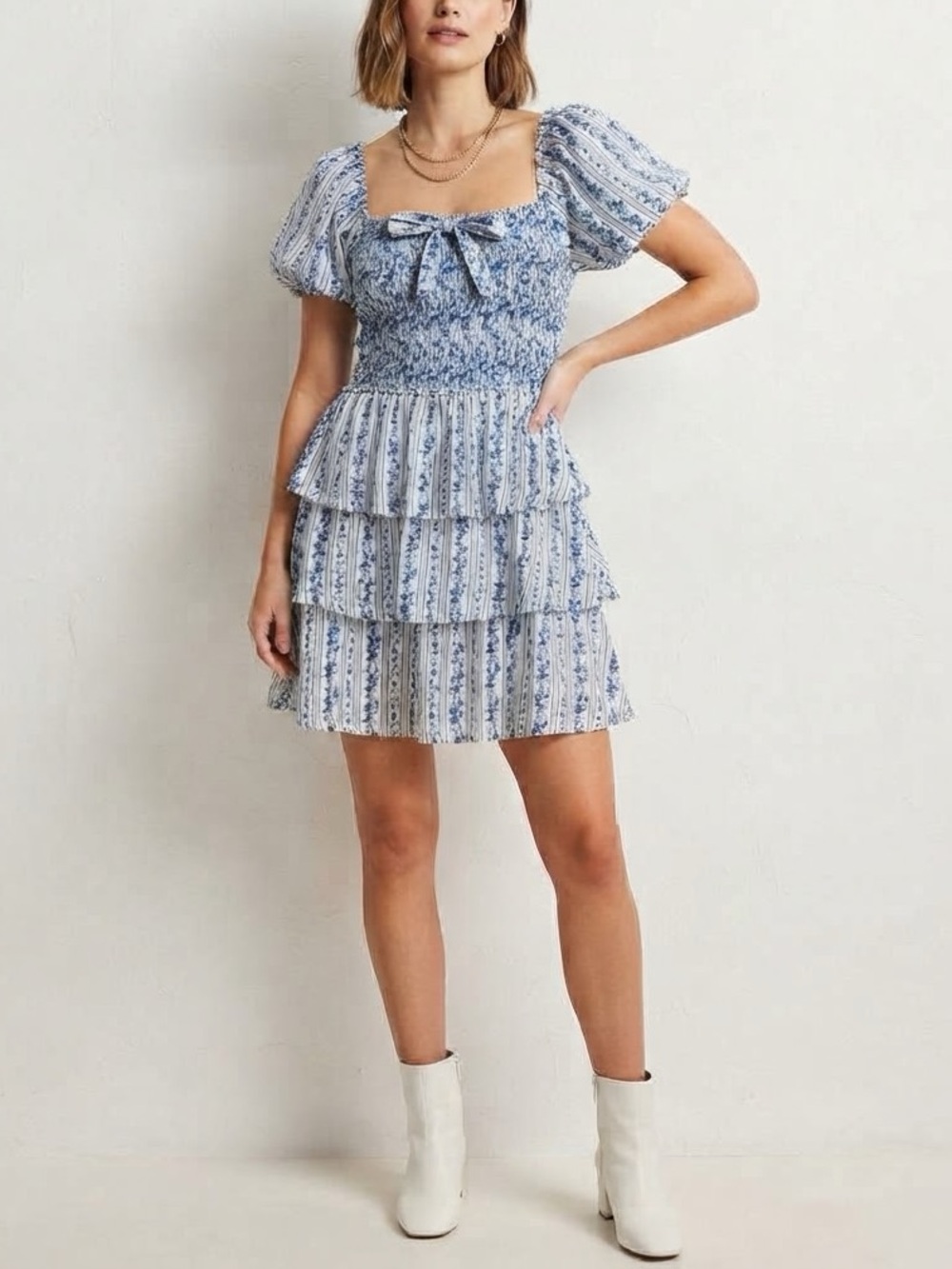 Francesca's Floral Smocked Mini Dress in Blue & White Size XL